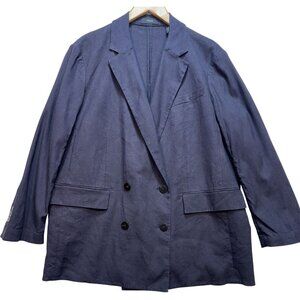 Theory Womens Linen Double Breasted Blazer Coat Long Sleeve Size 12 Navy Pockets
